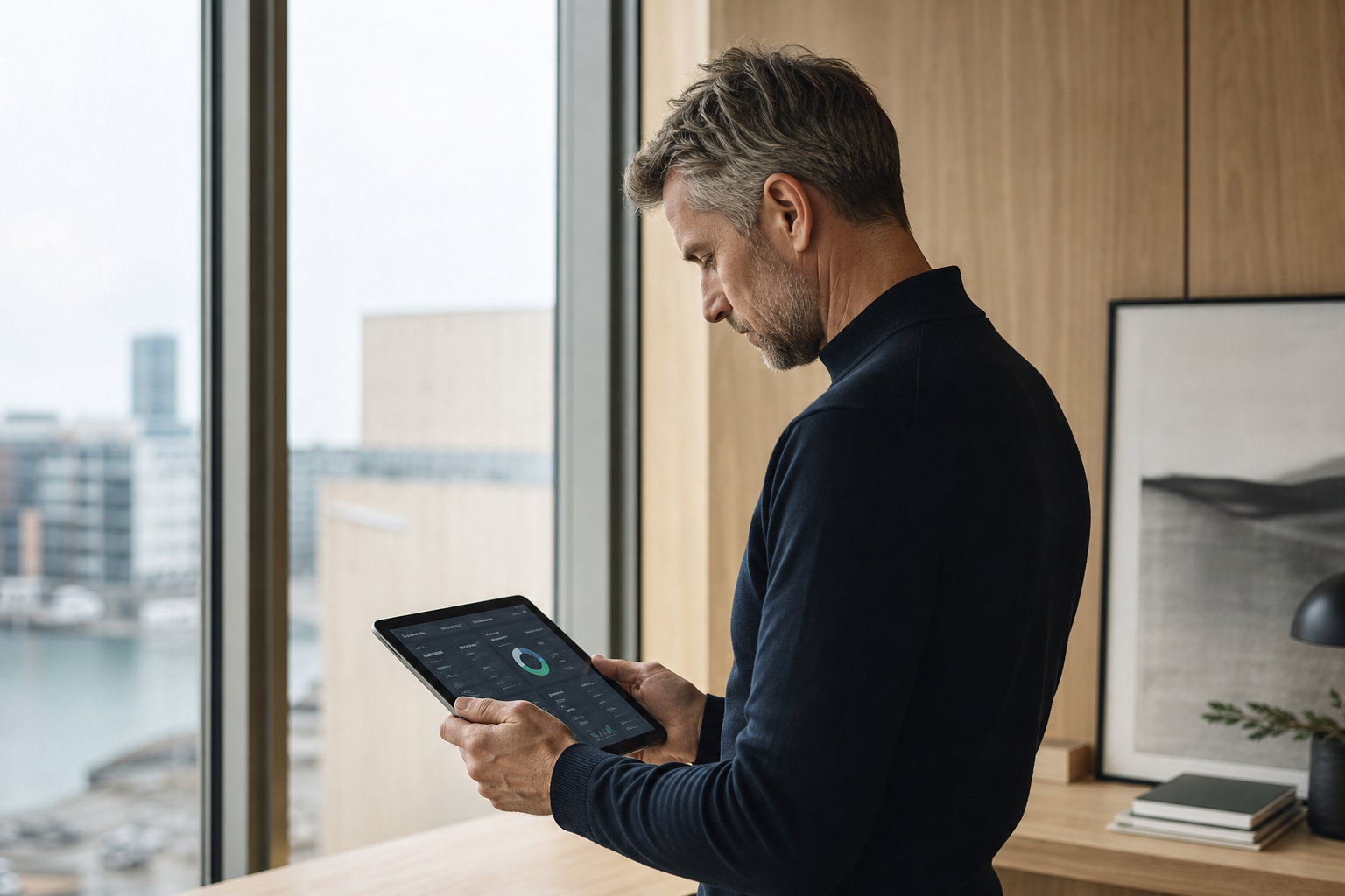 en person i ett skandinaviskt kontor som granskar en surfplatta för informationssäkerhet.